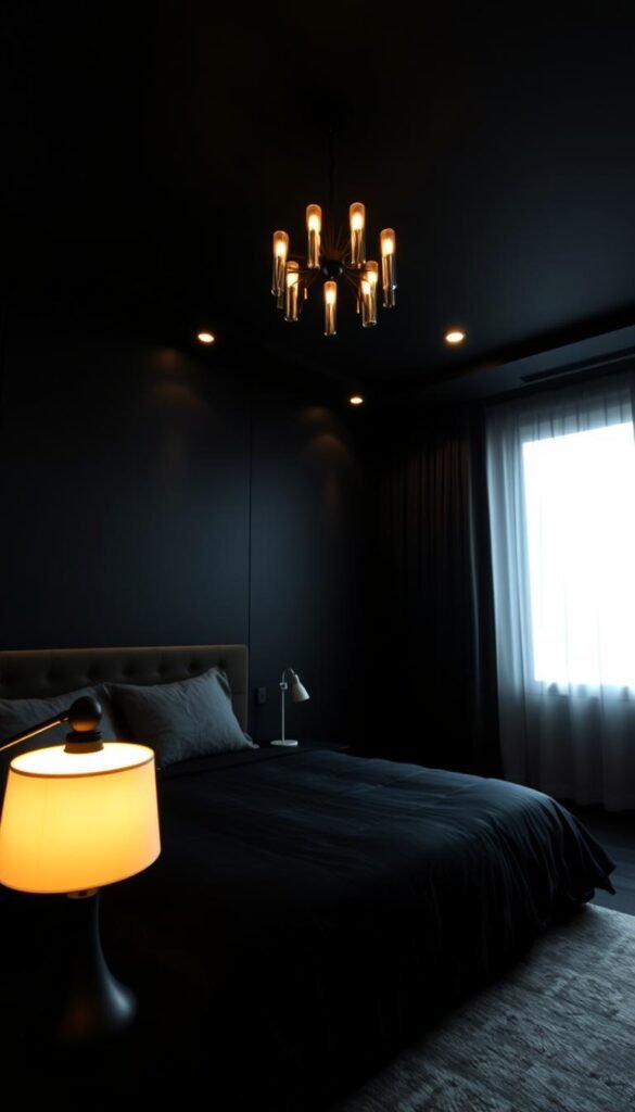 A cozy and modern black bedroom, illuminated by a layered lighting strategy. In the foreground, a sleek black table lamp casts a warm glow, while overhead, a minimalist chandelier softly illuminates the room. In the middle ground, recessed ceiling lights provide subtle ambient lighting, complementing the moody atmosphere. The background features a large window, allowing natural light to filter in, creating a play of shadows and highlights across the dark walls. The overall effect is a harmonious balance of light and shadow, resulting in a contemporary and inviting space.