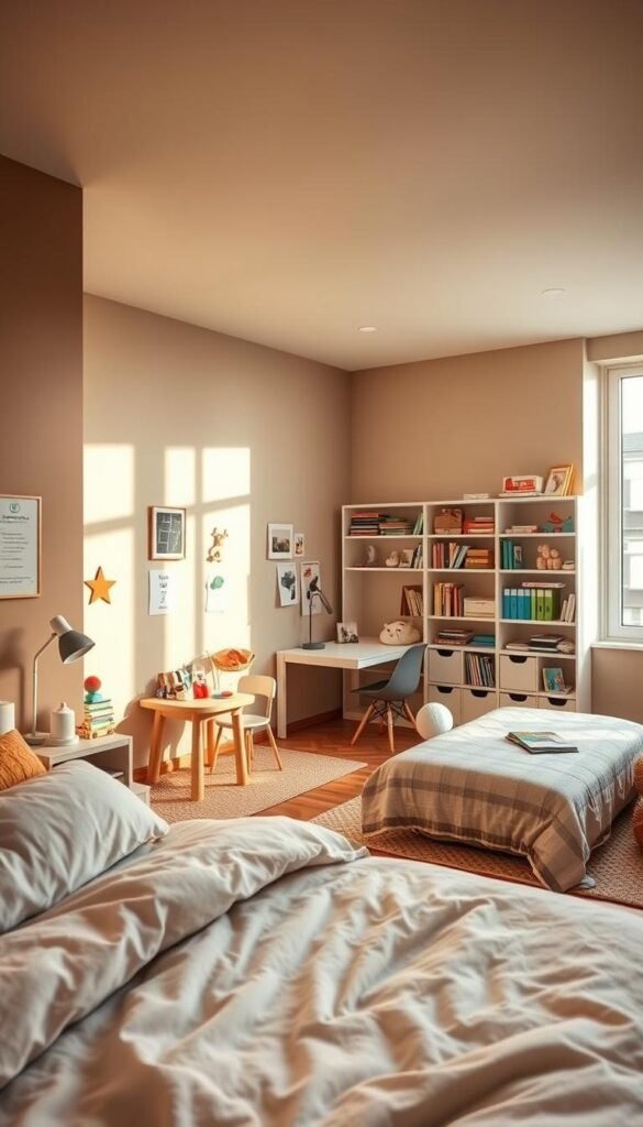 A cozy and organized bedroom with distinct zones for sleeping, play, and study. In the foreground, a neatly made bed with soft bedding and plush pillows. Nearby, a play area with a small table and chairs, and a variety of toys and books. In the middle ground, a well-lit study space with a desk, chair, and shelves filled with educational materials. The background features warm, muted tones, with natural light filtering through large windows. The overall atmosphere is one of productivity, comfort, and thoughtful design, creating a harmonious and functional environment for a growing child.