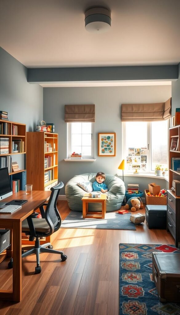A cozy and organized boys' bedroom with distinct functional zones for different activities. In the foreground, a well-designed study area with a wooden desk, ergonomic chair, and a bookshelf filled with educational materials. In the middle, a comfortable reading nook with plush beanbags and a small side table for a table lamp. In the background, a play area with a variety of toys, a toy chest, and a colorful rug. The room is bathed in warm, natural lighting from large windows, creating a welcoming and productive atmosphere. The color scheme features shades of blue, gray, and white, complemented by pops of vibrant accents. The overall design promotes productivity, creativity, and a sense of order, catering to the diverse needs of a growing child.
