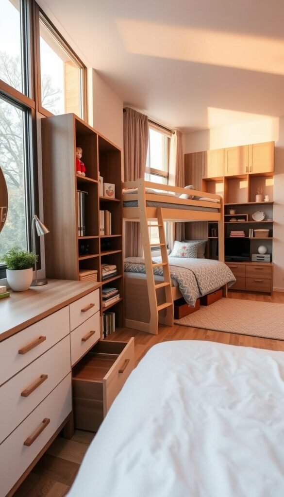 A cozy and organized shared bedroom with clever storage solutions. A neatly arranged dresser in the foreground, its drawers and shelves optimizing space. In the middle ground, a bunk bed with integrated shelving and cubbies, maximizing the vertical layout. The background showcases a set of modular wall-mounted storage units, allowing for customizable organization. Warm, natural lighting filters through large windows, creating a welcoming atmosphere. The room exudes efficiency, practicality, and a sense of harmony between the siblings' individual needs and the shared living space.