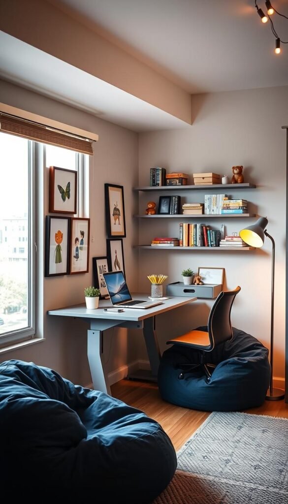 A cozy and organized study nook set in a modern, well-lit boy's bedroom. A sturdy, height-adjustable desk sits beneath a large window, providing ample natural light and inspiring views. On the desk, a sleek laptop, a jar of colored pencils, and a small potted plant create a productive yet personalized workspace. Framed art and shelves displaying favorite books and toys line the walls, adding playful touches. Plush, navy-blue bean bags and a cozy rug create a comfortable reading and relaxation area adjacent to the desk. Warm, diffused lighting from a floor lamp and string lights create a welcoming, focused atmosphere for focused study and exploration.