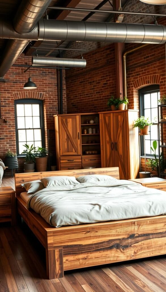 A cozy and rustic industrial bedroom with a focal point of reclaimed wood furniture. In the foreground, a low-profile wooden bed frame and nightstands with a worn, weathered finish. Centered on the bed is a plush, neutral-toned comforter and pillows. In the middle ground, a wooden dresser and wardrobe with metal accents stand against an exposed brick wall, bathed in warm, natural lighting from large windows. In the background, the space is complemented by industrial-style pendant lights, metal shelving, and potted greenery, creating an urban, yet inviting atmosphere.