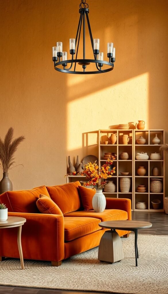 A cozy and rustic living room scene, bathed in warm, earthy tones. In the foreground, a plush, burnt orange velvet sofa sits atop a woven jute rug, complemented by natural wooden side tables and a hand-crafted ceramic vase filled with autumn foliage. The middle ground features a minimalist, modular shelving unit showcasing an assortment of terracotta pots, woven baskets, and artisanal pottery. The backdrop is a textured, adobe-style wall, casting a soft, golden glow across the space. Overhead, a rustic, wrought-iron chandelier casts a gentle, ambient light, evoking a sense of grounded comfort and fall-inspired serenity.
