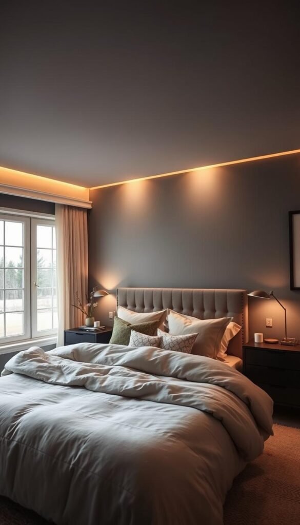 A cozy and serene bedroom bathed in the soft, muted tones of Benjamin Moore's Chelsea Gray. The walls are a refined charcoal hue, creating a calming and sophisticated ambiance. Warm accent lighting casts a gentle glow, highlighting the plush bedding and luxurious textures. A large picture window offers a tranquil view, while minimalist furniture and decor elements maintain a harmonious, uncluttered aesthetic. The overall impression is one of understated elegance and a serene retreat, perfectly suited for a teenager's personal sanctuary.