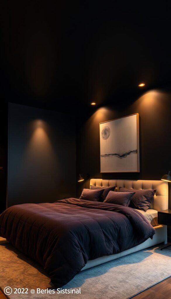 A cozy and sophisticated bedroom with a bold, black ceiling that commands attention. The room is illuminated by warm, directional lighting that casts dramatic shadows, creating a moody and intimate atmosphere. Plush, texturized bedding in deep, jewel-toned hues complements the dark ceiling, while a large, minimalist abstract painting on the wall adds a touch of modern elegance. The overall design exudes a sense of luxury and intentionality, reflecting a confident and stylish homeowner who isn't afraid to make a statement.