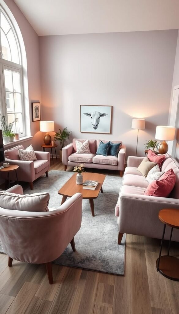 A cozy and sophisticated grey and pink living room with natural lighting filtering through large windows. Plush velvet sofas in a soft dusty rose hue complement grey armchairs and a matching rug. Accent pillows in complementary shades add pops of color. A mid-century modern coffee table and side tables in rich wood tones ground the space. Strategically placed plants and minimalist wall decor create a calm, balanced atmosphere. Indirect lighting from floor and table lamps casts a warm glow, enhancing the tranquil ambiance. The room is captured from an angle that showcases the harmonious color palette and elegant yet inviting styling.