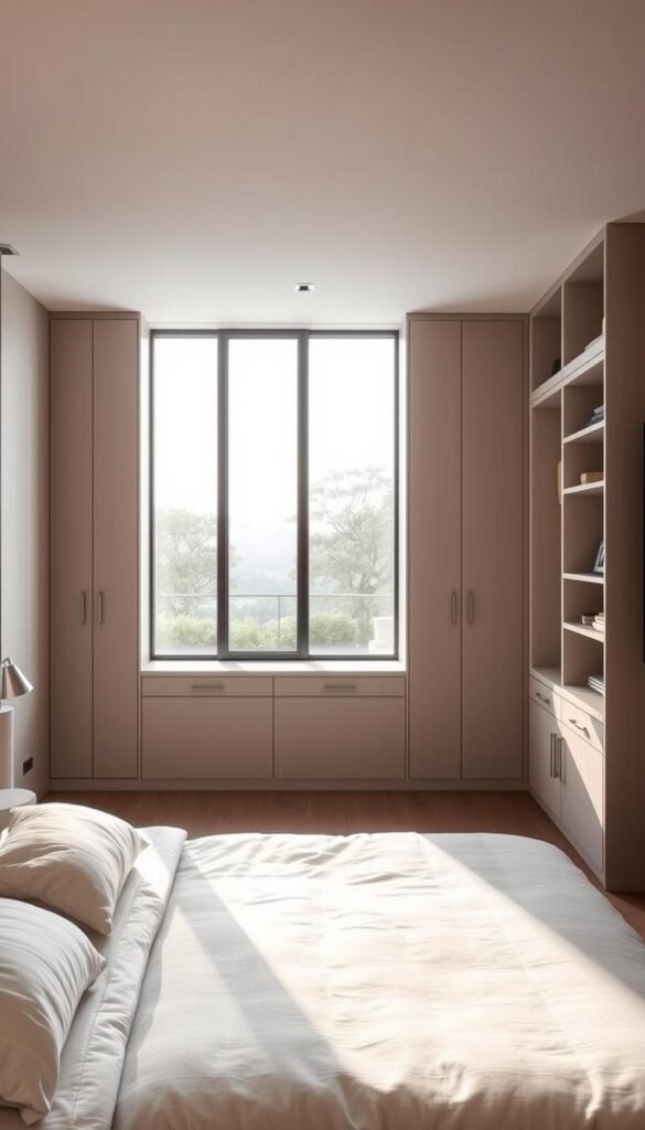 A cozy and sophisticated hidden storage bedroom design. In the foreground, a neatly made king-sized bed with plush bedding and a mid-century modern headboard, bathed in soft, diffused lighting. In the middle ground, built-in shelving and cabinets seamlessly integrated into the walls, creating a clean, minimalist aesthetic. The background features a large window overlooking a serene outdoor scene, allowing natural light to fill the space. The overall mood is one of tranquility and understated elegance, with the hidden storage providing a practical and stylish solution for a contemporary bedroom.