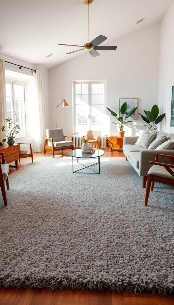 A cozy and sophisticated living room bathed in warm, natural light. The focal point is a plush, contemporary wool rug in a muted gray palette, its textured surface inviting touch. Mid-century modern furniture in rich wood tones and soft, neutral upholstery surround the rug, creating a harmonious, gallery-like space. Subtle brass accents and potted plants add touches of organic elegance. The room's clean lines and neutral color scheme exude a sense of timeless, understated luxury.