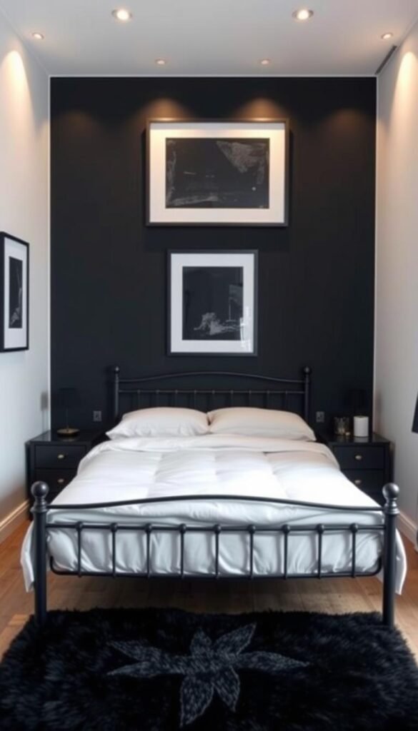 A cozy and sophisticated small black bedroom design. In the foreground, a minimalist black metal bed frame with crisp white linens, flanked by sleek black nightstands with warm brass accents. The middle ground features a plush black area rug and a low-profile black dresser with clean lines. The background showcases a black feature wall with subtle texture, complemented by a single statement piece of black-framed artwork. Soft, indirect lighting casts a warm, moody glow throughout the space, creating an intimate and serene atmosphere. The overall design is visually striking yet highly functional, making the most of the limited square footage.