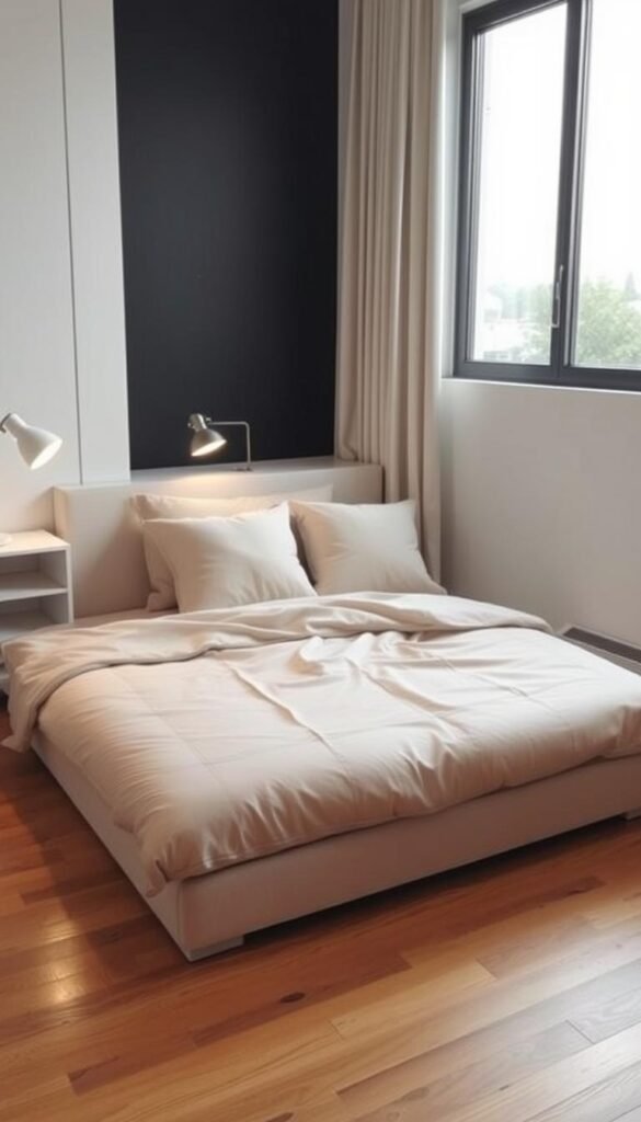 A cozy and space-efficient floor bed arrangement in a minimalist bedroom. A low-profile platform bed with clean lines rests on a warm wooden floor, adorned with plush bedding in soft neutral tones. Adjustable task lighting on either side casts a gentle glow, while a large window in the background floods the scene with natural light. Streamlined shelving or built-in storage units flank the bed, optimizing the compact layout. The overall atmosphere is calming and inviting, with a focus on functional design and thoughtful styling.