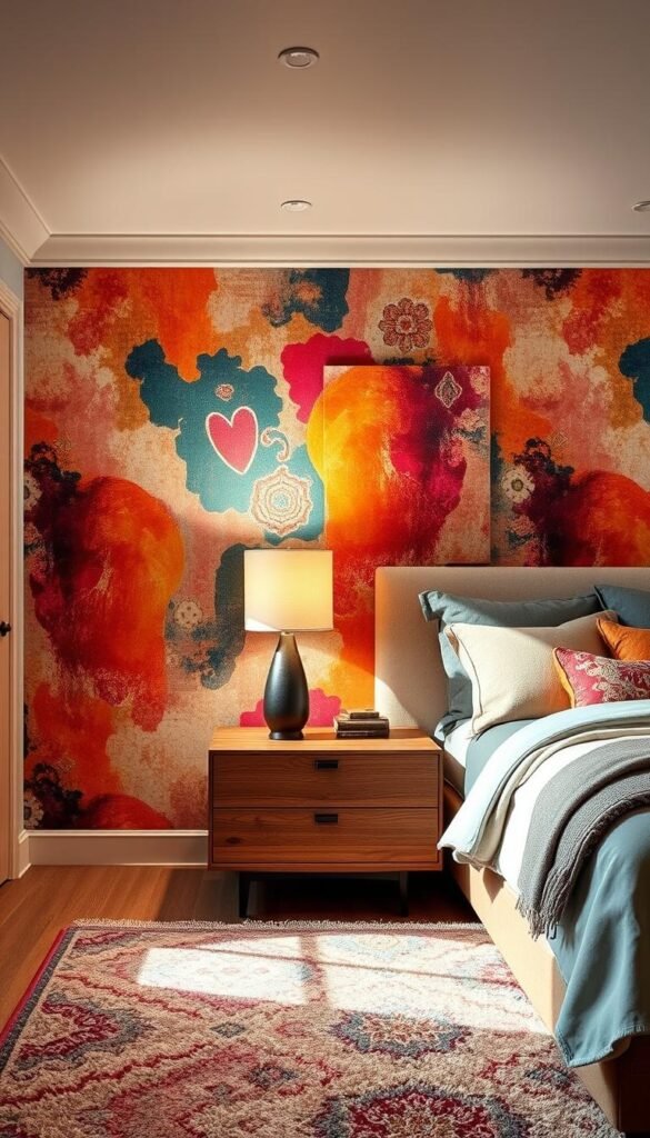 A cozy and stylish bedroom interior with a harmonious blend of vibrant colors, tactile textures, and rhythmic patterns. Imagine a serene space where a plush, patterned area rug anchors the scene, complemented by soft, woolen throw blankets and pillows adorned with elegant embroidery. The walls are adorned with a captivating, abstract wallpaper that plays with hues and shapes, casting a warm, inviting glow from the recessed lighting above. In the foreground, a modernist, wooden nightstand supports a sleek table lamp, its cylindrical shade casting dynamic shadows across the textured surfaces. Overall, the design exudes a sense of balance, comfort, and visual interest, creating a sanctuary for rest and relaxation. A cozy and stylish bedroom interior with a harmonious blend of vibrant colors, tactile textures, and rhythmic patterns. Imagine a serene space where a plush, patterned area rug anchors the scene, complemented by soft, woolen throw blankets and pillows adorned with elegant embroidery. The walls are adorned with a captivating, abstract wallpaper that plays with hues and shapes, casting a warm, inviting glow from the recessed lighting above. In the foreground, a modernist, wooden nightstand supports a sleek table lamp, its cylindrical shade casting dynamic shadows across the textured surfaces. Overall, the design exudes a sense of balance, comfort, and visual interest, creating a sanctuary for rest and relaxation.