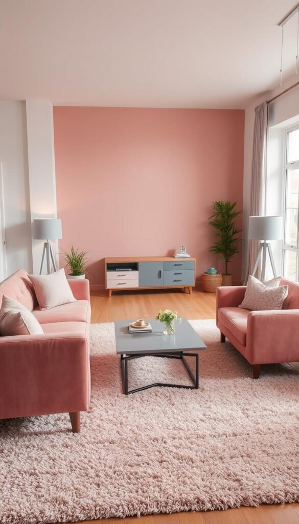 A cozy and stylish living room setting featuring a selection of pink and gray furniture. In the foreground, a plush pink velvet sofa and matching armchair are arranged around a sleek, geometric coffee table in a soft gray hue. Complementing the furniture, a large, shag area rug in a delicate shade of blush adds warmth and texture to the space. In the middle ground, a wooden media cabinet with gray and pink accent drawers provides storage and display space. The background showcases a feature wall with a soothing, muted pink paint finish, highlighting the furniture arrangement. Soft, diffused lighting from a pair of minimalist gray floor lamps creates a welcoming ambiance, while large windows allow natural light to flood the room, enhancing the overall pastel color palette.