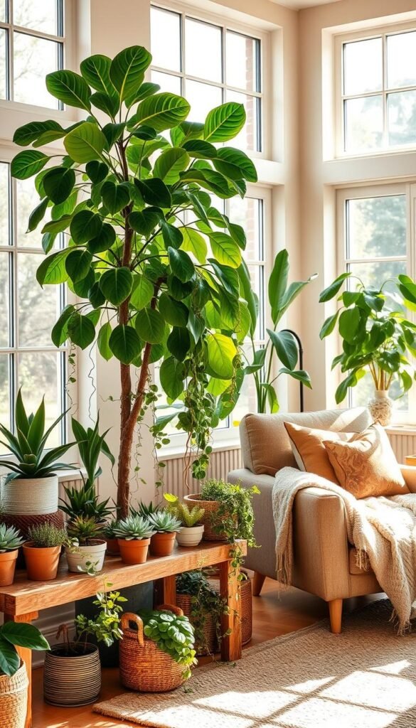 A cozy and stylish plant corner in a sun-drenched living room. In the foreground, a lush fiddle-leaf fig tree stands tall, its broad leaves cascading gracefully. Surrounding it, a collection of potted succulents, trailing vines, and fragrant herbs sit on a rustic wooden shelf, their vibrant colors and textures complementing the greenery. In the middle ground, a plush armchair invites relaxation, with a fluffy throw blanket and decorative pillows in earthy tones. The background features large windows that flood the space with warm, natural light, casting a soft glow on the scene. The overall atmosphere is one of serenity and a harmonious blend of nature and modern decor.