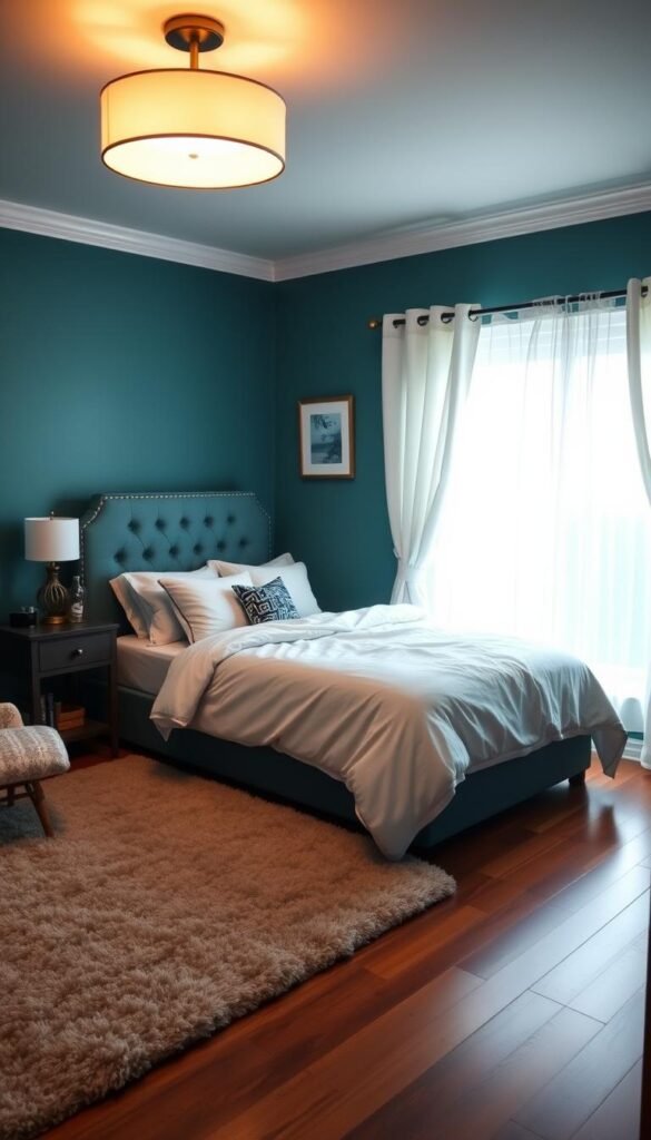 A cozy and tranquil bedroom, bathed in the soothing glow of warm overhead lighting. The walls are painted in Sherwin-Williams' "Cloudburst" teal, a calming hue that envelops the space. A plush, tufted headboard in a complementary shade of blue anchors the focal point, while crisp white linens and a fluffy comforter add a touch of contrast. Soft, diffused light filters through sheer, billowing curtains, casting a serene ambiance throughout the room. The hardwood floors are adorned with a plush, neutral-toned area rug, tying the color scheme together seamlessly. Overall, the scene exudes a sense of relaxation and youthful energy, perfect for a young boy's personal sanctuary.