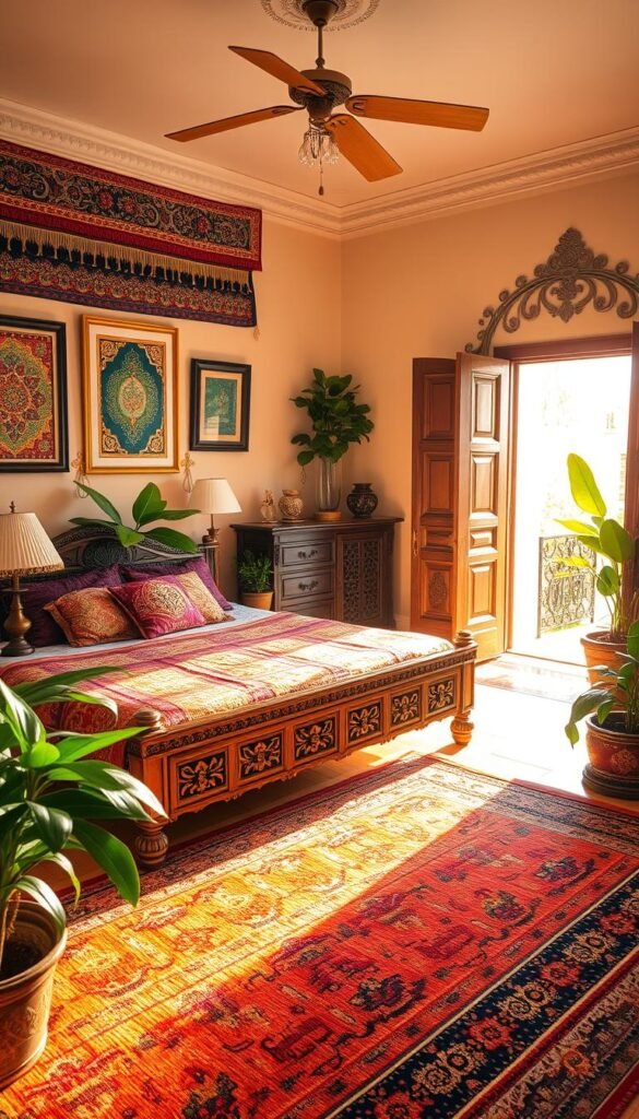 A cozy and vibrant Indian-inspired bedroom, bathed in warm golden light from a large window. In the foreground, an ornate, hand-woven rug anchors the space, while a low, intricately carved wooden bed frame takes center stage. Hanging on the walls, colorful tapestries and framed artwork depict intricate paisley and floral patterns. Complementing the decor, a collection of decorative brass lamps and incense burners sit on ornate wooden side tables. In the background, a pair of tall, carved wooden chests stand beside an open doorway, offering a glimpse of an adjoining space. Throughout the room, lush, verdant potted plants add a touch of natural warmth and vitality.