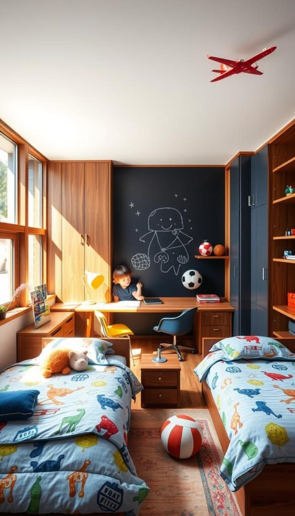 A cozy and vibrant boys' shared bedroom, flooded with natural light from large windows. In the foreground, two beds with whimsical bedding and plush toys create a playful atmosphere. The middle ground showcases a shared study area with a chalkboard wall, inspiring creativity. In the background, built-in bookshelves and storage units maximize the available space, maintaining a harmonious, organized look. Warm wooden tones, pops of primary colors, and playful accents like sports balls and model airplanes reflect the theme of a fun, functional space for growing boys.