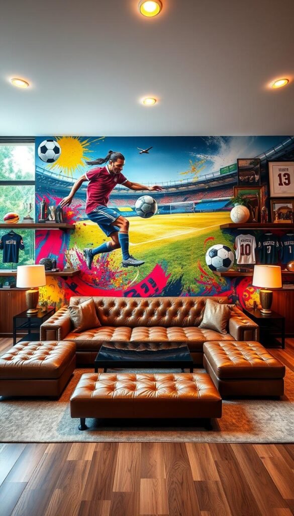 A cozy and vibrant sports-themed room, bathed in warm, diffused lighting from recessed fixtures. The focal point is a large wall mural depicting a dynamic soccer match, rendered in a bold, abstract style that blends vivid colors and dynamic brushstrokes. In the foreground, a plush, tufted leather sectional sofa in a deep, earthy tone provides ample seating, complemented by sleek, minimalist side tables and a large, low-profile coffee table. Framing the mural, shelves display an assortment of sports memorabilia, trophies, and framed jerseys, while a large window overlooking a lush, verdant backyard floods the space with natural light. The overall atmosphere is one of inspiration, passion, and a celebration of the athlete's journey.