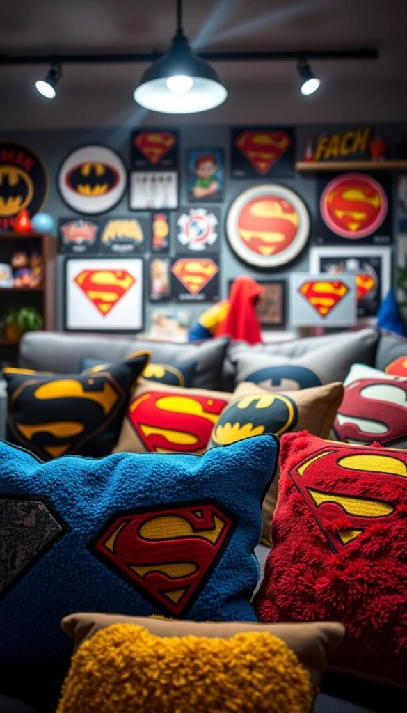 A cozy and vibrant superhero-themed room with plush, textured pillows and cushions in the foreground. Featuring bold, iconic superhero logos and emblems in a variety of colors and patterns, ranging from geometric to organic shapes. The cushions are artfully arranged on a comfortable, oversized sectional sofa or daybed in the middle ground, accentuated by dramatic studio lighting from above. In the background, hints of superhero memorabilia and wall decor create an immersive, comic book-inspired atmosphere, capturing the essence of a superhero-inspired living space.