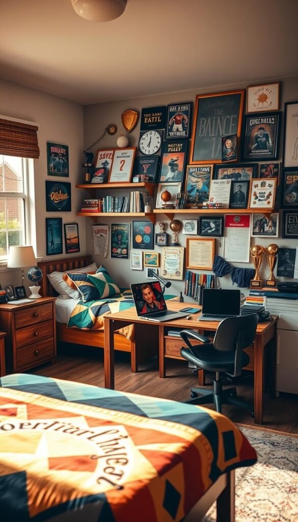 A cozy and vibrant teen boy's bedroom, bathed in warm, natural lighting from a large window. The foreground features a neatly made bed adorned with colorful, geometric bedding, flanked by wooden nightstands displaying a lamp, books, and personal mementos. In the middle ground, a sturdy wooden desk holds a laptop, drawing tablet, and various art supplies, reflecting the boy's creative hobbies. The back wall showcases shelves displaying an array of collectibles, trophies, and framed posters celebrating the boy's interests, such as sports, video games, and music. The overall atmosphere is one of comfort, individuality, and a sense of the owner's personality.