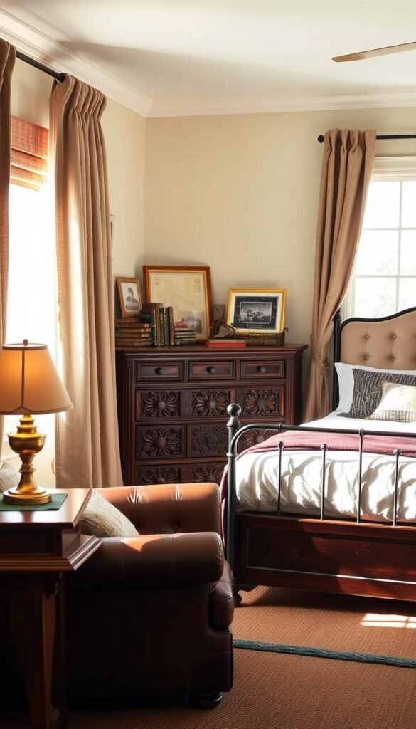 A cozy and vintage-inspired boy's bedroom, bathed in warm, natural lighting that filters through linen curtains. In the foreground, a worn leather armchair and a sturdy, oak side table with a tarnished brass lamp casting a soft glow. On the middle ground, an antique wooden dresser with intricate carvings, topped with a collection of old books and framed family photographs. In the background, a wrought-iron bed frame supports a plush, tufted headboard, creating a harmonious blend of classic and contemporary elements. The overall atmosphere evokes a sense of timelessness and a connection to the past, perfectly suited for the "Incorporating Heirlooms and Thrifted Finds" section of the article.