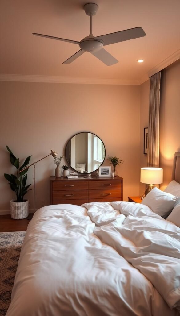 A cozy and well-lit bedroom with a warm, inviting ambiance. The foreground features a plush king-sized bed with soft, luxurious bedding and a mix of task and accent lighting, including a pair of sleek table lamps and a dimmable ceiling fixture. The middle ground showcases a stylish mid-century modern dresser with a decorative mirror, surrounded by plants and personal decor. The background depicts a soothing neutral-toned wall color, complemented by a large window that allows natural light to flow in, casting a gentle glow throughout the space. The overall scene conveys a serene, relaxing, and visually balanced bedroom design.