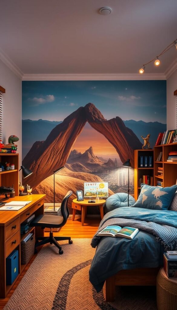 A cozy and well-lit boys' bedroom, with a wooden desk and bookshelves displaying personalized trinkets and figurines related to the child's hobbies and interests, such as sports, dinosaurs, or space exploration. In the middle ground, a comfortable reading nook with a beanbag chair and a side table showcasing the child's latest science project or artworks. The background features a vibrant wall mural depicting a scenic landscape or a futuristic cityscape, complementing the child's imagination and creativity. Warm lighting from table lamps and string lights creates a welcoming atmosphere, striking a balance between personal expression and a harmonious, functional design.