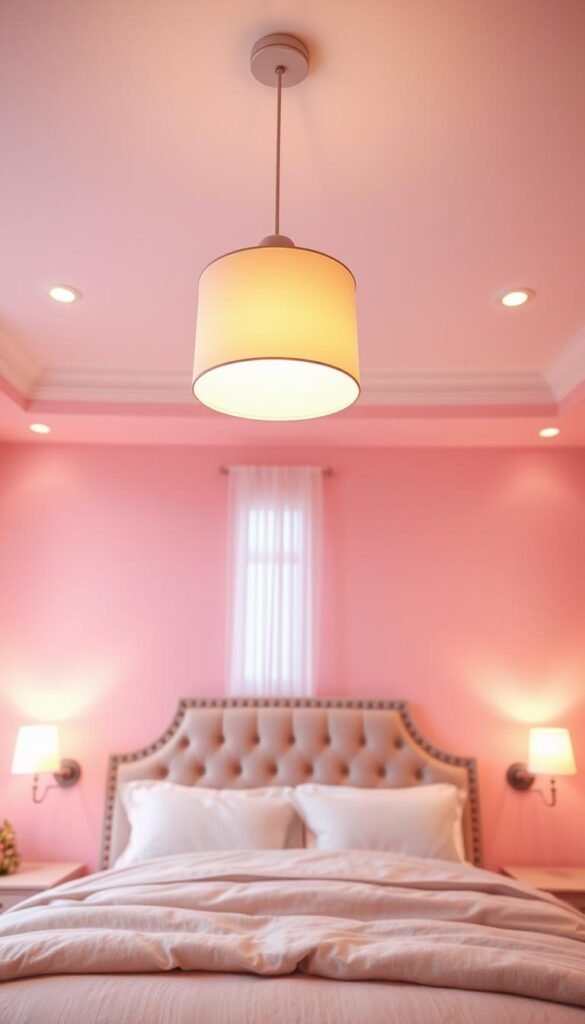 A cozy and well-lit pink bedroom with strategic lighting design. In the foreground, a soft, warm glow emanates from a delicate pendant lamp suspended above a plush, tufted headboard. Recessed ceiling lights in the middle ground illuminate the rest of the space, creating a balanced, ambient lighting. Subtle sconces on either side of the bed add depth and dimension. The background features a large window with sheer curtains, allowing natural light to filter in and cast a gentle, ethereal glow throughout the room. The overall atmosphere is inviting, calming, and subtly feminine.