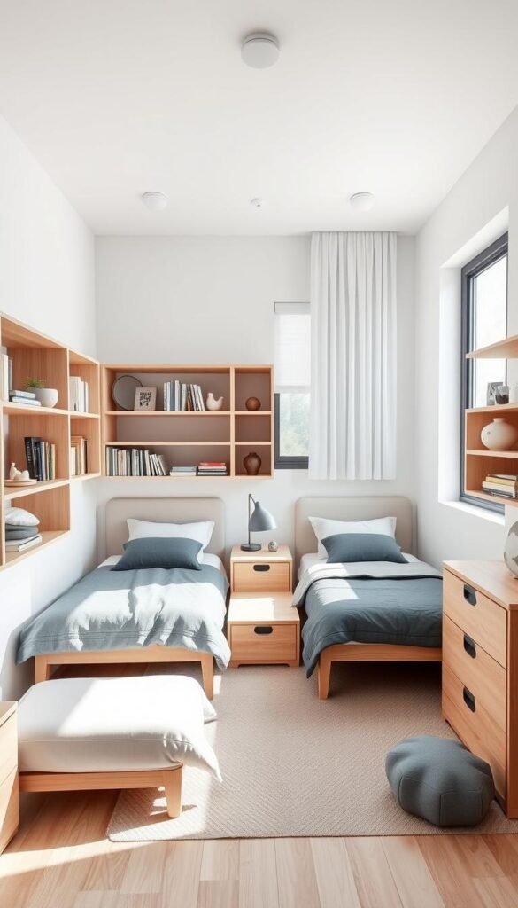 A cozy and well-organized shared boys' bedroom with natural lighting, minimalist furniture, and clever storage solutions. The layout features two twin beds placed symmetrically, with a shared nightstand in the middle. Wooden shelves and wall-mounted storage units line the walls, providing ample space for books, toys, and personal items. The neutral color palette of whites, grays, and light wood tones creates a calming and harmonious atmosphere. A large window illuminates the space, casting soft natural light that accentuates the clean and modern design. The room is presented from a slightly elevated angle, showcasing the efficient use of space and the thoughtful arrangement of the furnishings.