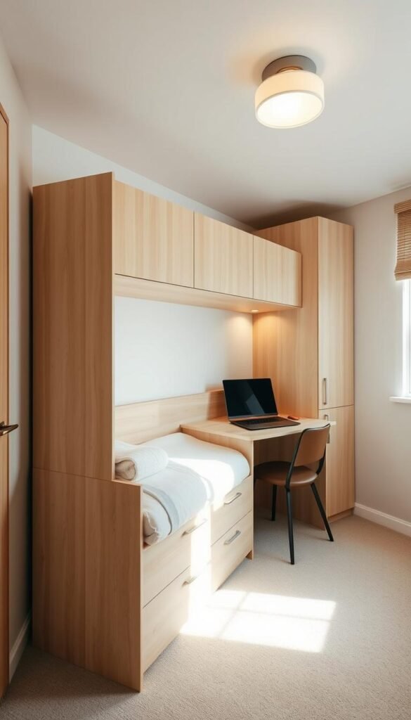 A cozy and well-organized small bedroom featuring a multifunctional furniture piece that serves as a bed, desk, and storage solution. The piece is made of light wood with clean lines and minimalist design, seamlessly blending into the serene, neutral-toned room. Soft, diffused lighting from a wall-mounted lamp creates a warm, inviting atmosphere. The camera angle captures the furniture's versatility and space-saving capabilities, highlighting its suitability for compact living spaces. The overall scene conveys a sense of calm, functionality, and thoughtful design within the limited square footage. A cozy and well-organized small bedroom featuring a multifunctional furniture piece that serves as a bed, desk, and storage solution. The piece is made of light wood with clean lines and minimalist design, seamlessly blending into the serene, neutral-toned room. Soft, diffused lighting from a wall-mounted lamp creates a warm, inviting atmosphere. The camera angle captures the furniture's versatility and space-saving capabilities, highlighting its suitability for compact living spaces. The overall scene conveys a sense of calm, functionality, and thoughtful design within the limited square footage.