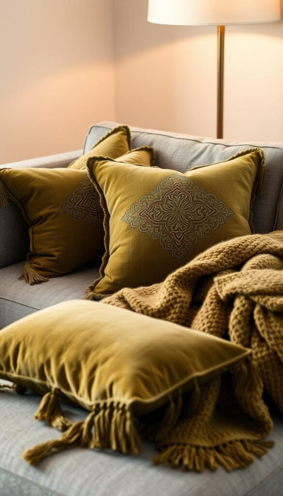 A cozy arrangement of lush olive green throw pillows and a plush textured blanket, artfully draped over a modern gray sectional sofa. The pillows feature intricate embroidered patterns and tasseled edges, creating a luxurious, inviting atmosphere. Soft, diffused lighting from a nearby floor lamp casts a warm glow, accentuating the depth and richness of the fabrics. The scene is captured from a slightly elevated angle, showcasing the effortless elegance of these essential living room accessories.