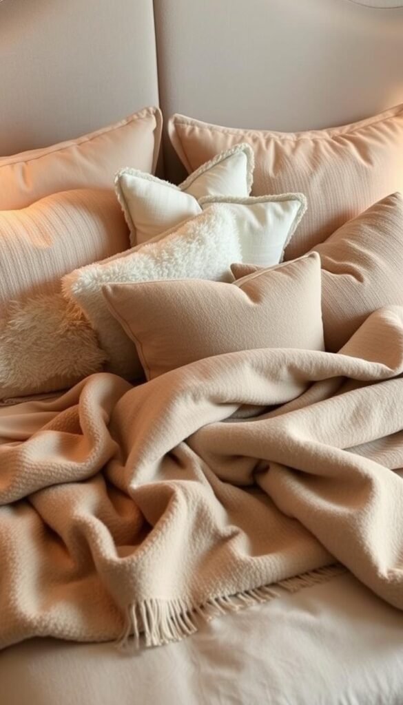 A cozy arrangement of plush pillows and soft, inviting throws nestled on a luxurious, beige-toned bed. The pillows, in a variety of complementary neutral tones and textures, are artfully layered and fluffed, creating a visually appealing and comfortable display. Draped diagonally across the bed, the throws add depth, dimension, and a sense of warmth to the scene. Soft, diffused lighting illuminates the arrangement, highlighting the inviting textures and creating a serene, sophisticated ambiance. The camera angle captures the arrangement from a slightly elevated perspective, allowing the viewer to fully appreciate the thoughtful styling and cohesive design aesthetic. A cozy arrangement of plush pillows and soft, inviting throws nestled on a luxurious, beige-toned bed. The pillows, in a variety of complementary neutral tones and textures, are artfully layered and fluffed, creating a visually appealing and comfortable display. Draped diagonally across the bed, the throws add depth, dimension, and a sense of warmth to the scene. Soft, diffused lighting illuminates the arrangement, highlighting the inviting textures and creating a serene, sophisticated ambiance. The camera angle captures the arrangement from a slightly elevated perspective, allowing the viewer to fully appreciate the thoughtful styling and cohesive design aesthetic.