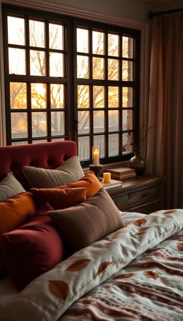 A cozy autumn bedroom bathed in warm, muted tones. In the foreground, a plush, tufted headboard in a rich burgundy hue. Layered upon it, an array of textured pillows in earthy shades of ochre, sage, and terracotta, creating a welcoming, nest-like ambiance. In the middle ground, a rustic wooden nightstand supporting a single, flickering candle and a stack of well-worn books. The background showcases a large window, its panes reflecting the golden glow of the setting sun, casting a soft, romantic light across the entire scene. Wispy, sheer curtains billow gently, hinting at the arrival of the crisp, autumn breeze. The overall mood is one of cozy, lived-in comfort and the effortless elegance of a stylish, social media-inspired fall bedroom.
