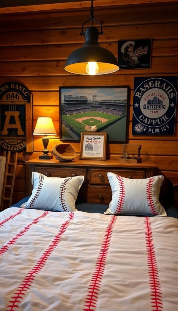 A cozy baseball-themed bedroom with warm lighting and a vintage feel. In the foreground, a plush bedspread adorned with a baseball diamond pattern and a set of baseball-themed throw pillows. On the middle layer, a weathered wooden dresser displays an old-fashioned baseball glove, a baseball signed by the home team, and a framed poster of a classic ballpark. In the background, baseball-themed wall art, such as a large canvas painting of a pitcher's mound or a collage of team logos, creates an immersive atmosphere. The room is illuminated by a rustic pendant light fixture, casting a soft, inviting glow throughout the space.