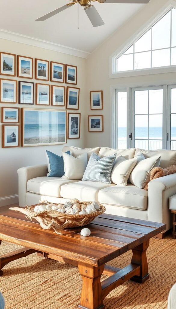 A cozy beach-inspired living room with budget-friendly coastal decor. In the foreground, a rustic wooden coffee table topped with driftwood accents and a woven basket filled with seashells. The middle ground features a plush linen sofa adorned with pillows in coastal hues of blue and white. Hanging on the walls, a gallery of framed seascape photographs and nautical-themed artwork. In the background, a large window overlooking a tranquil seaside vista, allowing natural light to flood the space. The overall atmosphere is relaxed and inviting, evoking the casual charm of a charming beach house. A cozy beach-inspired living room with budget-friendly coastal decor. In the foreground, a rustic wooden coffee table topped with driftwood accents and a woven basket filled with seashells. The middle ground features a plush linen sofa adorned with pillows in coastal hues of blue and white. Hanging on the walls, a gallery of framed seascape photographs and nautical-themed artwork. In the background, a large window overlooking a tranquil seaside vista, allowing natural light to flood the space. The overall atmosphere is relaxed and inviting, evoking the casual charm of a charming beach house.