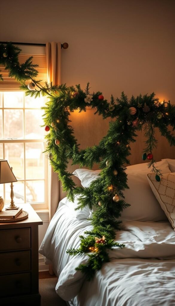 A cozy bedroom adorned with a lush, trailing garland draped in unexpected places. The garland cascades from the headboard, wrapping around the bedposts, and spilling onto the nightstand, creating a sense of enchantment. Warm, golden light filters through the window, casting a soft glow and shadows that accentuate the organic curves of the greenery. The room's neutral palette provides a serene backdrop, allowing the vibrant, natural tones of the garland to take center stage. Subtle hints of holiday decor, such as twinkling fairy lights or a few strategically placed ornaments, add to the magical ambiance, transforming the space into a festive, inviting retreat.