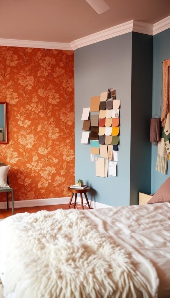 A cozy bedroom adorned with a variety of wall paint and wallpaper ideas. In the foreground, a feature wall is covered in a bold, floral peel-and-stick wallpaper in warm tones, complemented by a plush, white area rug. In the middle ground, the opposite wall is painted in a soft, pastel blue hue, creating a harmonious contrast. The background showcases various paint swatches and wallpaper samples, capturing the range of options for refreshing the space. The overall scene is illuminated by warm, ambient lighting, evoking a welcoming and inviting atmosphere.