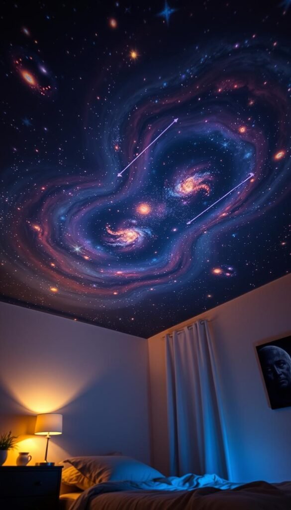A cozy bedroom bathed in a captivating galaxy projector's soft, twinkling light. The ceiling is transformed into a mesmerizing starry night sky, with swirling nebulae and glowing celestial bodies casting a serene, otherworldly glow. The projector's warm, diffuse illumination creates a calming, relaxing ambiance, perfect for a peaceful slumber or imaginative dreamscapes. Subtle shadows and highlights accentuate the three-dimensional depth of the projected stars, evoking a sense of wonder and awe. The overall atmosphere is one of tranquility and enchantment, transporting the viewer to a cosmic wonderland within the comfort of a cozy bedroom setting.