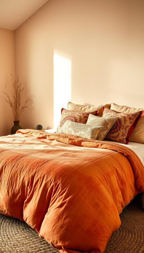 A cozy bedroom interior with a plush, textured duvet in shades of warm ochre and rust, accented by patterned throw pillows in coordinating hues. The soft, inviting bedding is complemented by a woven area rug in natural fibers, adding depth and visual interest to the space. Warm, indirect lighting casts a gentle glow, enhancing the overall sense of comfort and relaxation. The scene is captured through a medium-wide angle lens, providing a balanced, harmonious composition that showcases the layered textures and tones of the Indian-inspired bedroom decor.