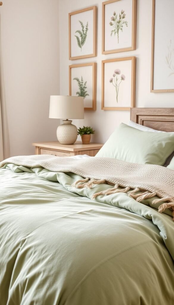 A cozy bedroom interior with layered textures for depth and comfort. In the foreground, a plush, sage green velvet comforter covers the bed, its soft folds and subtle sheen creating visual interest. Atop the comforter, a woven throw blanket in a complementary neutral tone adds an organic, natural element. In the middle ground, a rustic wooden nightstand features a textured, whitewashed finish, and a delicate, ceramic table lamp with a linen shade casts a warm, ambient glow. Behind the bed, the wall is adorned with a gallery of framed botanical prints, their muted colors and matte frames blending seamlessly with the overall palette. The overall scene evokes a sense of tranquility and understated elegance, perfect for a soothing, sage green bedroom retreat.