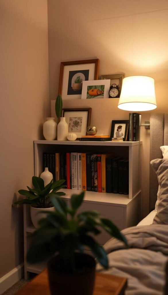 A cozy bedroom nook featuring a personalized, artfully styled shelving unit. In the foreground, an assortment of decorative objects - a potted plant, ceramic vases, framed artwork, and small trinkets - are arranged with intentional care. The middle ground showcases a mix of hardcover books, their spines facing outward, creating visual interest. Soft, warm lighting from a table lamp illuminates the scene, casting a gentle glow and imbuing the space with a sense of tranquility. The background features a muted, neutral-toned wall, allowing the styled shelf to take center stage. The overall atmosphere evokes a harmonious blend of functionality and personal expression, reflecting the owner's unique style and personality.