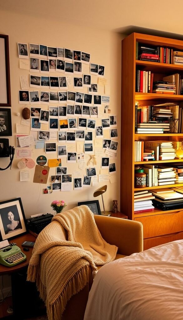 A cozy bedroom nook, filled with personal mementos and nostalgic decor. In the foreground, a plush armchair with a soft throw blanket, inviting you to curl up and reminisce. On the nearby side table, a framed family photo, a vintage typewriter, and a small vase of fresh flowers. The middle ground showcases a wall-mounted display of cherished polaroids, ticket stubs, and handwritten notes, creating a tapestry of meaningful memories. In the background, a large, wooden bookshelf houses an eclectic collection of books, trinkets, and treasured keepsakes, bathed in the warm glow of soft, ambient lighting. The overall atmosphere is one of comfort, sentimentality, and a personal connection to the space.