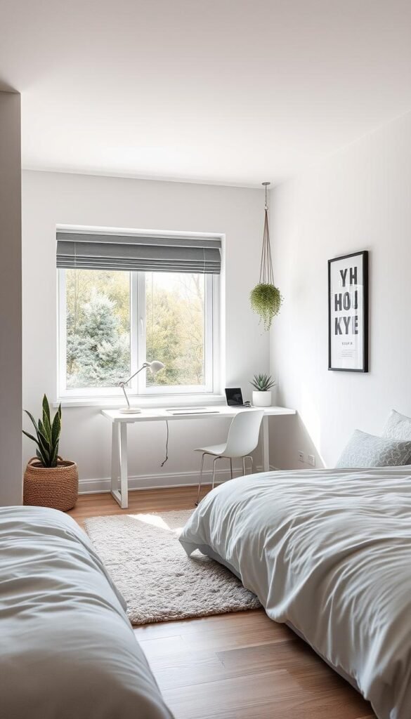 A cozy bedroom nook with a functional workspace seamlessly integrated. A large picture window floods the space with natural light, casting a warm glow on the clean-lined desk and minimalist decor. Soft gray accents complement the serene white and wood tones, creating a calming, focused atmosphere. A plush area rug delineates the work zone, while a hanging plant and framed artwork add touches of life. The layout strikes a balance between relaxation and productivity, inspiring creativity and concentration. A cozy bedroom nook with a functional workspace seamlessly integrated. A large picture window floods the space with natural light, casting a warm glow on the clean-lined desk and minimalist decor. Soft gray accents complement the serene white and wood tones, creating a calming, focused atmosphere. A plush area rug delineates the work zone, while a hanging plant and framed artwork add touches of life. The layout strikes a balance between relaxation and productivity, inspiring creativity and concentration.