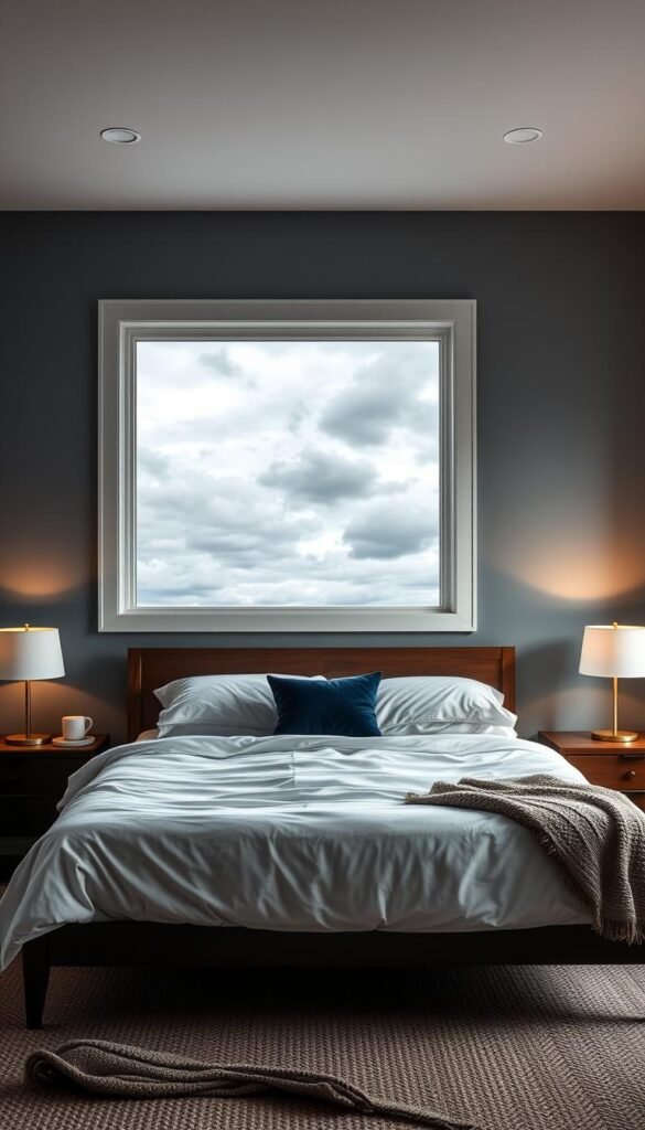 A cozy bedroom with Sherwin-Williams "Blustery Sky" paint, a moody gray-blue hue. The walls are bathed in soft, warm lighting, creating a serene, intimate atmosphere. In the foreground, a plush king-size bed with crisp white linens and a navy blue velvet throw pillow. Flanking the bed, dark wood nightstands with a minimalist table lamp on each. The middle ground features a sleek, low-profile dresser, its smooth surface reflecting the soft light. In the background, a large window frames an outside view of a dramatic, cloudy sky - the inspiration for the bedroom's tranquil color palette. Subtle textures, like a woven area rug and a knitted blanket, add depth and coziness to the space.