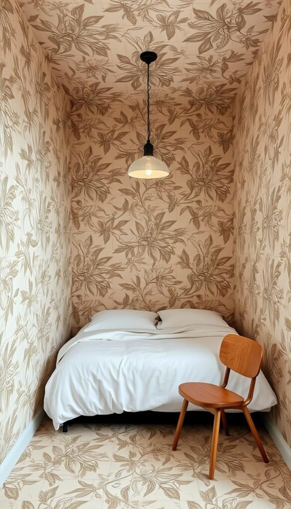 A cozy bedroom with a patterned wallpaper that cascades across every surface, creating a visually immersive experience. The wallpaper features a bold, lush, and intricate floral design in a muted color palette that adds depth and texture to the space. Soft lighting from a single, centrally placed pendant casts a warm, intimate glow, highlighting the delicate patterns. The bed is nestled in the corner, its simple white linens providing a clean contrast to the vibrant wallpaper. A small side table and a minimalist wooden chair complete the scene, allowing the pattern to take center stage and transform the room into a serene, pattern-drenched oasis.