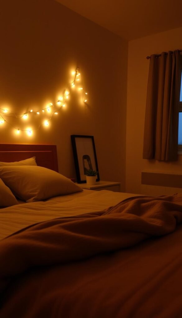 A cozy bedroom with a warm, inviting atmosphere. The focal point is a strategically placed arrangement of string lights, gently draped across the headboard and along the edges of the bed frame, casting a soft, ambient glow. In the foreground, the bed is made with plush, textured bedding in neutral tones, complemented by the natural wood of the headboard. The middle ground features a minimalist side table with a small potted plant, and a framed piece of artwork on the wall, all bathed in the gentle luminance of the string lights. The background depicts a dimly lit, but cozy room, with hints of neutral-toned walls and a window, creating a sense of depth and coziness.