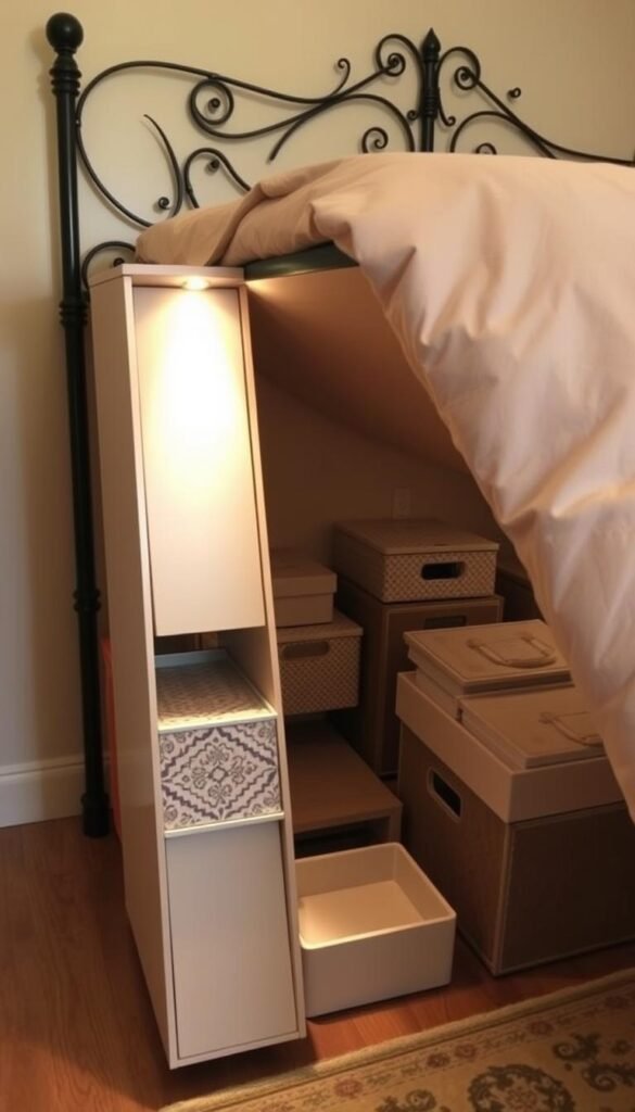 A cozy bedroom with a wrought-iron bed frame, the space underneath illuminated by soft, warm lighting. Neatly arranged storage containers and boxes, some with decorative patterns, others in neutral colors, all sliding effortlessly in and out. The bed is slightly raised, showcasing the hidden compartments and their practical organization solutions. The overall atmosphere is one of tranquility and domestic harmony, where every inch of space is utilized for maximum efficiency without compromising the room's elegant aesthetic.