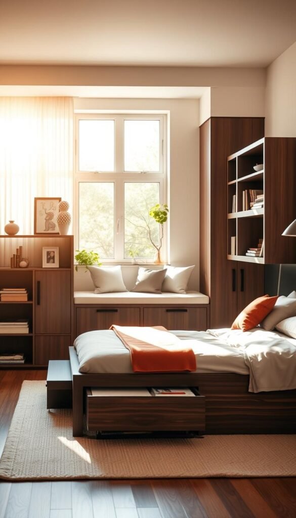 A cozy bedroom with creative storage solutions, flooded with warm natural lighting. In the foreground, a modular shelving unit in dark wood showcases decorative items and personal mementos. The middle ground features a sleek, minimalist bed frame with built-in drawers and cubbies for hidden storage. Behind, a window seat with plush cushions doubles as a reading nook, its recessed shelves filled with books and plants. The overall atmosphere is one of harmony, functionality, and thoughtful design.