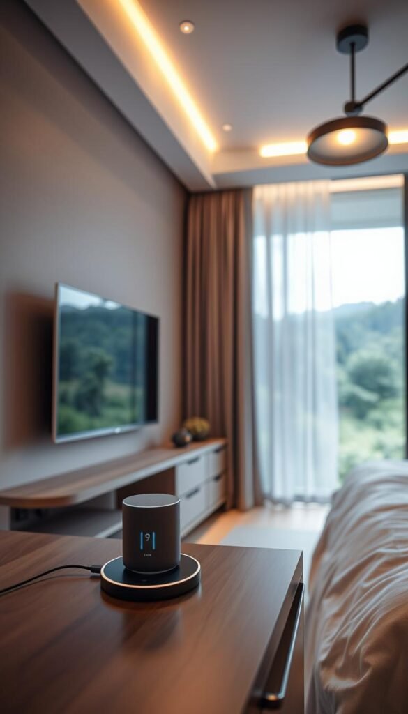 A cozy bedroom with discreet, functional technology. In the foreground, a sleek, minimalist nightstand holds a wireless charging pad and a voice assistant device with a subtle LED display. Soft, indirect lighting from a recessed ceiling fixture creates a warm, inviting ambiance. In the middle ground, a low-profile, wall-mounted TV blends seamlessly into the neutral-toned decor. Overhead, a modern, adjustable reading lamp provides task lighting. In the background, a large window offers a tranquil view of a lush, natural landscape, reflecting the calming, organic feel of the space.