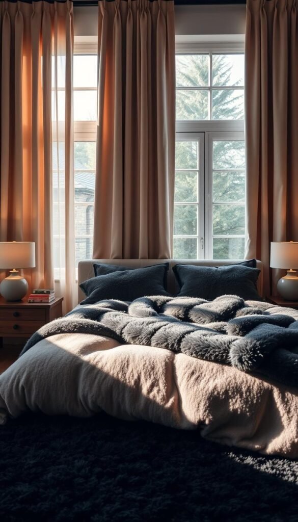 A cozy bedroom with plush, inviting textures. Soft beige velvet curtains frame a large window, allowing warm natural light to filter in. In the foreground, a luxurious king-sized bed is adorned with fluffy charcoal-grey blankets and pillows, their fabric gently undulating. On the nightstands, tactile ceramic lamps emit a gentle glow. In the background, a shag area rug in a deep, moody black grounds the space, contrasting with the lighter hues. The overall atmosphere is one of comfort and relaxation, perfect for a restful night's sleep.