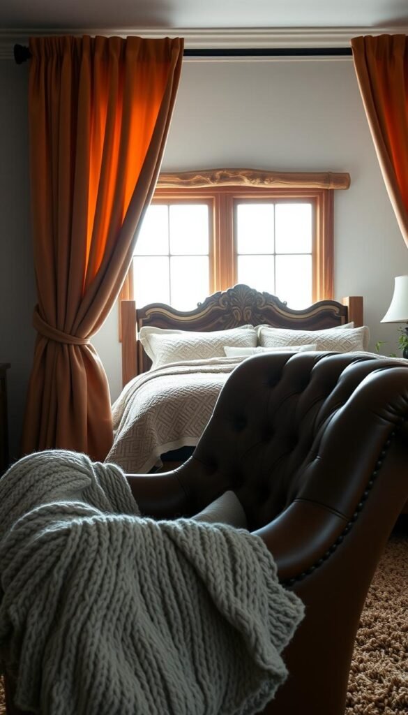A cozy bedroom with plush, textured materials. Soft, sumptuous velvet curtains frame the window, casting a warm glow on the space. In the foreground, a hand-knitted throw blanket drapes over a tufted leather armchair, inviting you to sink in and relax. The middle ground features a rustic, wooden headboard adorned with intricate carvings, surrounded by a lush, textured duvet cover and fluffy pillows. Underfoot, a shag rug in earthy tones adds depth and warmth to the scene. The overall atmosphere is one of luxurious comfort, creating a sense of serene sanctuary.
